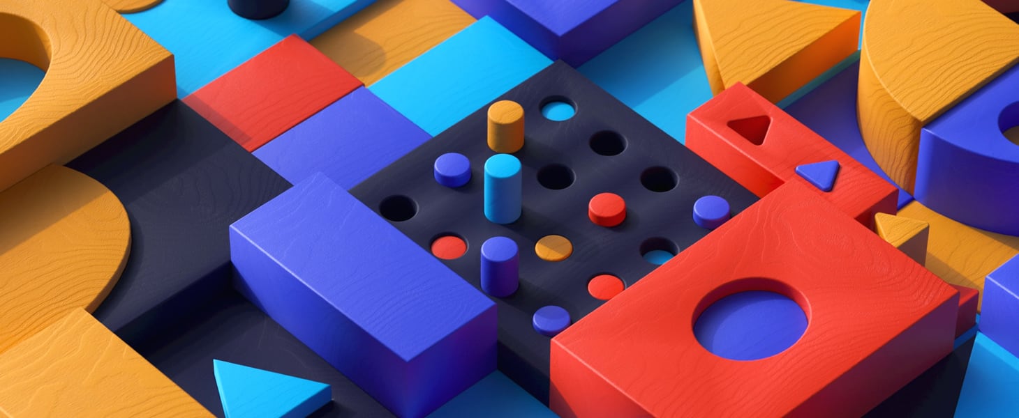 Many geometric shapes in colors black, yellow, orange and blue